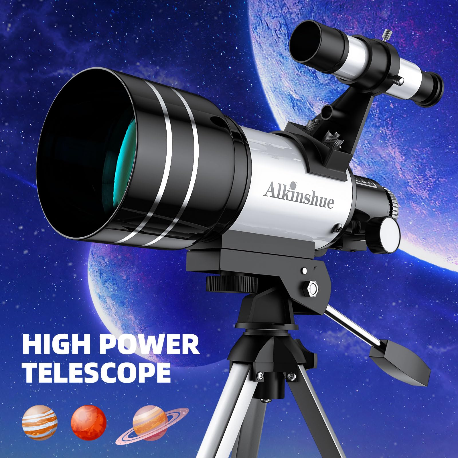 The adjustable aluminum tabletop tripod standing independently on a flat surface.