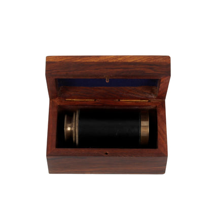 Handcrafted Trading Co. vintage nautical spyglass placed next to its open premium hardwood storage box.
