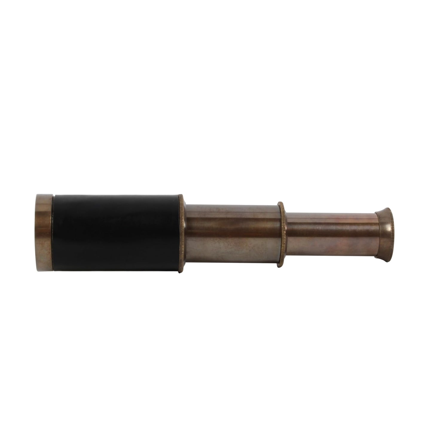 Six inch antique brass handheld telescope being focused by hand showing its compact and portable design.
