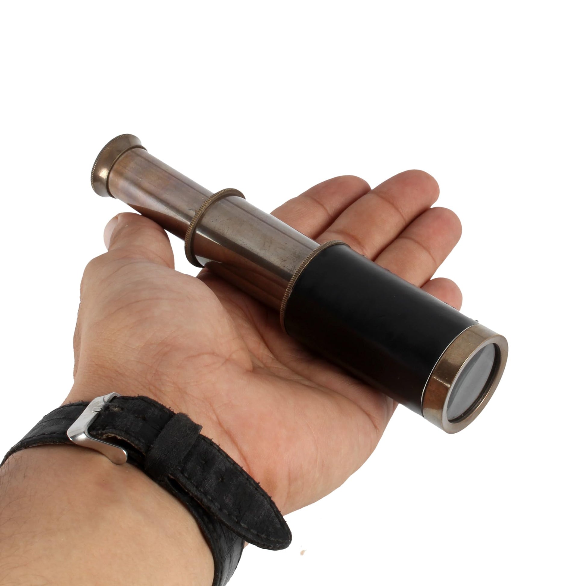 Top view of the decorative wooden box lid featuring brass hardware for the Handcrafted Trading Co. telescope.