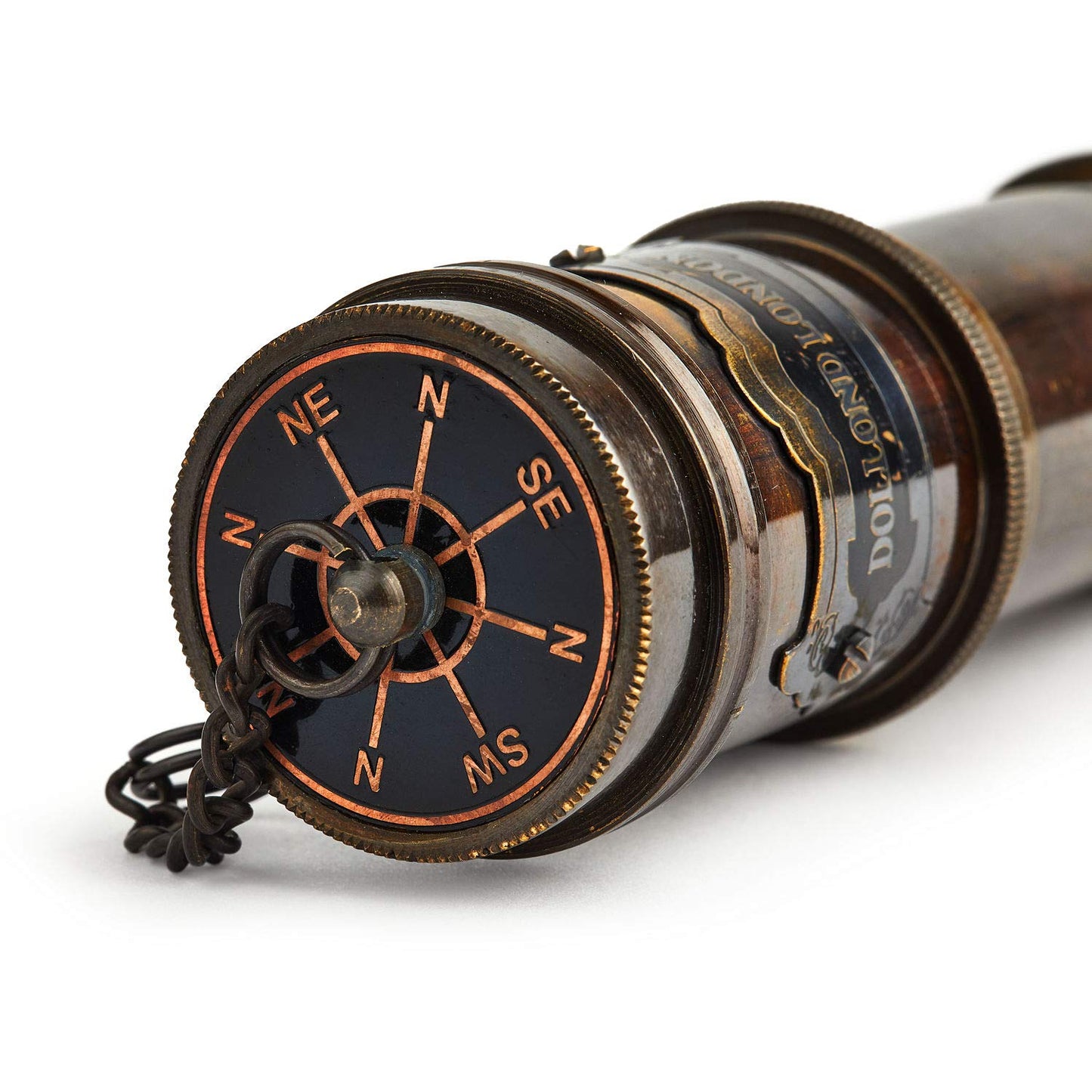 Super7One V.Empire Handcrafted Brass Nautical Telescope collapsed alongside its premium handcrafted brown leather carrying case.