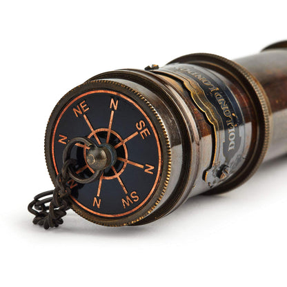 Super7One V.Empire Handcrafted Brass Nautical Telescope collapsed alongside its premium handcrafted brown leather carrying case.