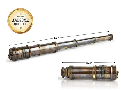 Super7One V.Empire Handcrafted Brass Nautical Telescope close-up view of the detailed three-draw mechanism and glass eyepiece.