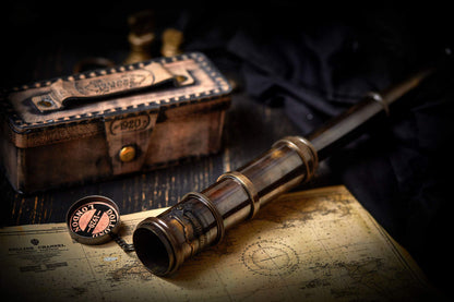 Super7One V.Empire Handcrafted Brass Nautical Telescope angled perspective highlighting the solid brass craftsmanship and historical engraving.