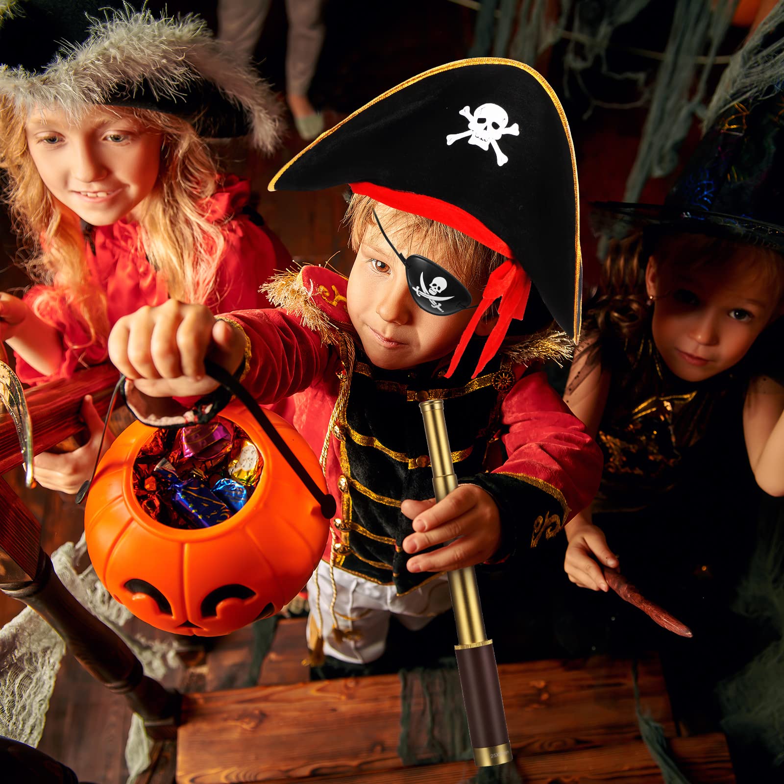 Sratte five piece pirate adventure kit arranged neatly showcasing the telescope, map, compass, eye patch, and hat.