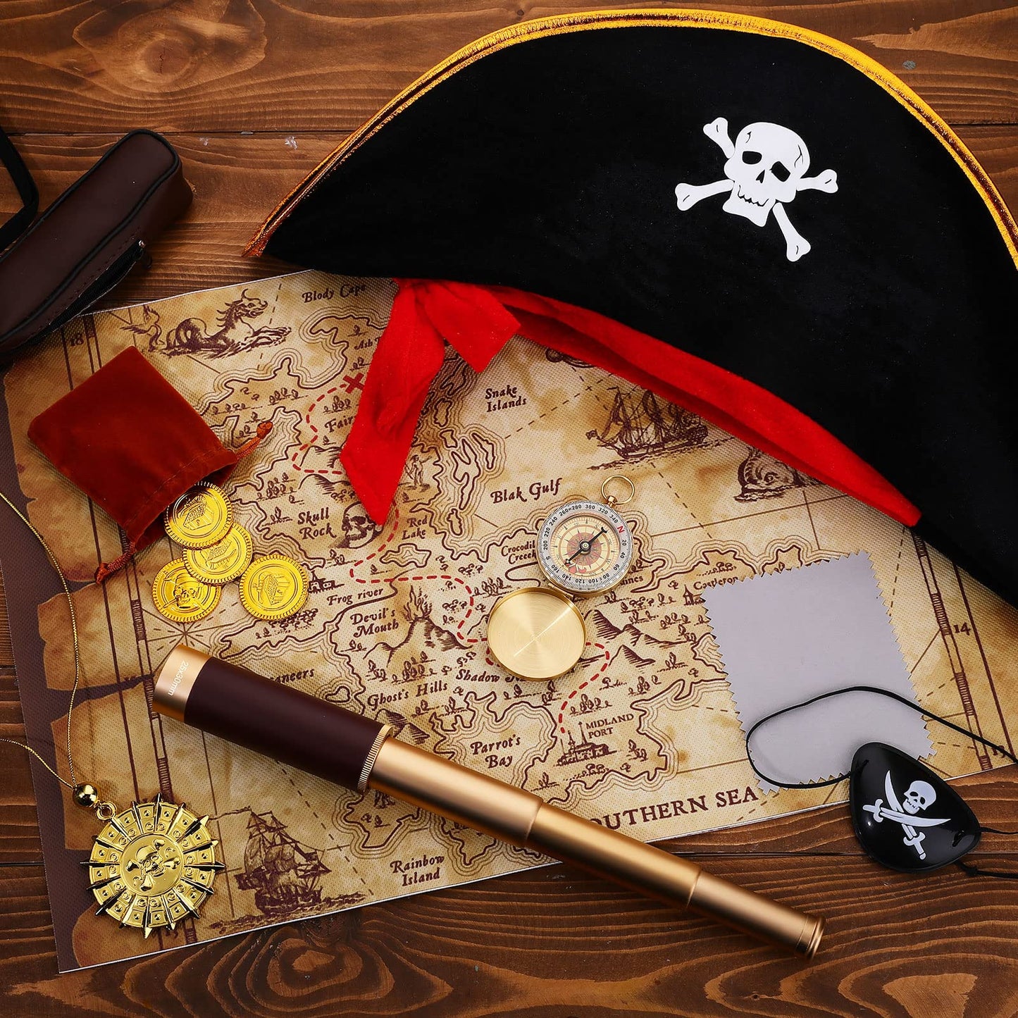 Woanger black pirate captain hat featuring white skull crossbones emblem and red trim fabric