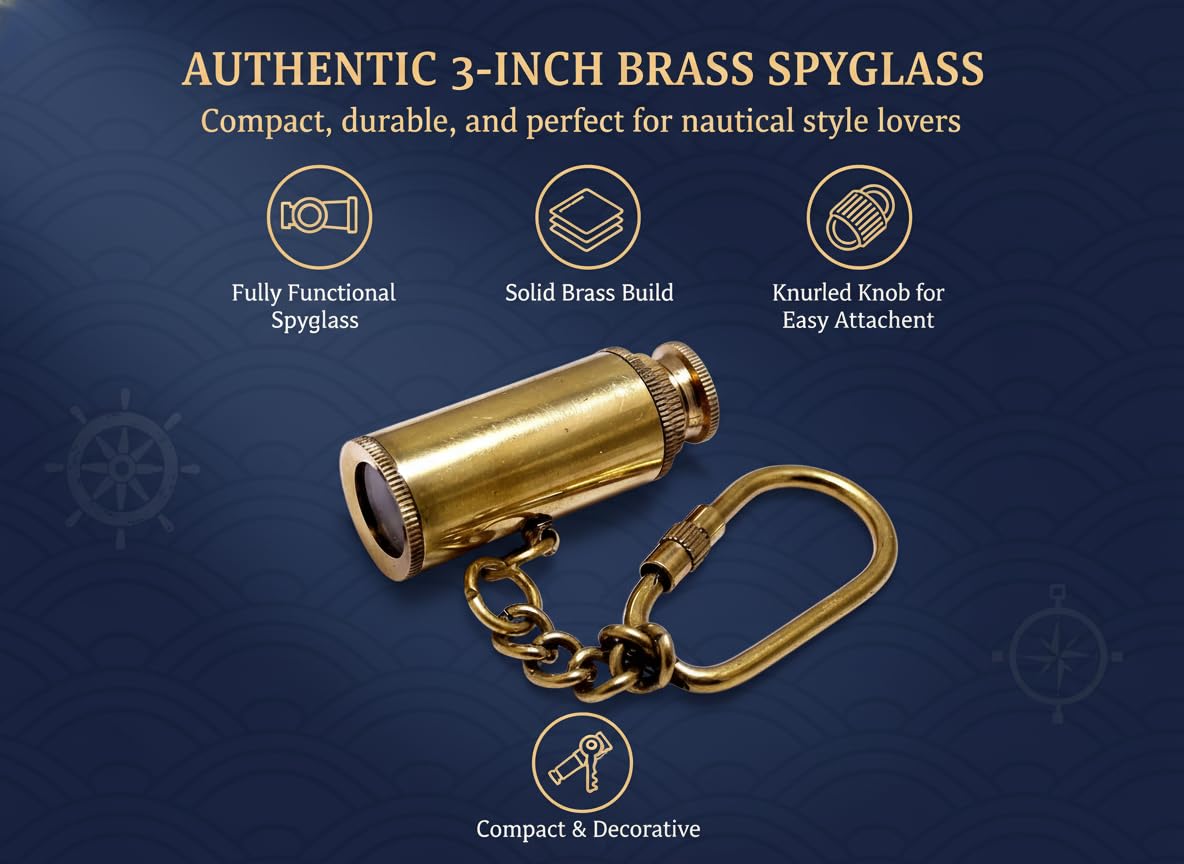 Detailed view of the knurled screw lock carabiner mechanism on the nautical brass telescope keychain.