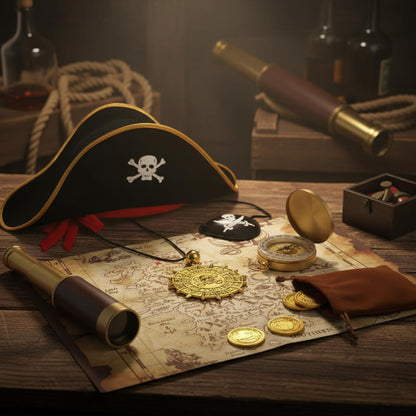 Woanger gold colored pirate pendant necklace accessory styled with plastic play coins