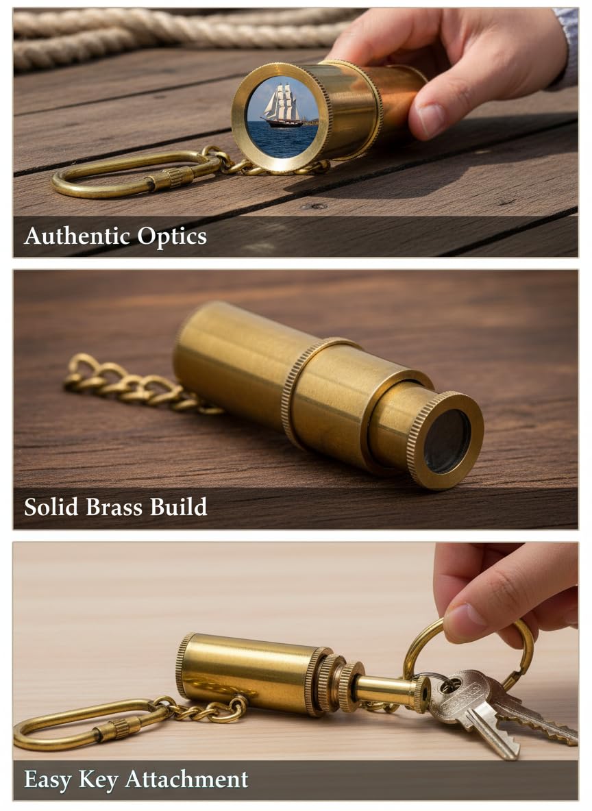 Handheld view demonstrating the four extending brass tubes of the maritime spyglass telescope keychain.