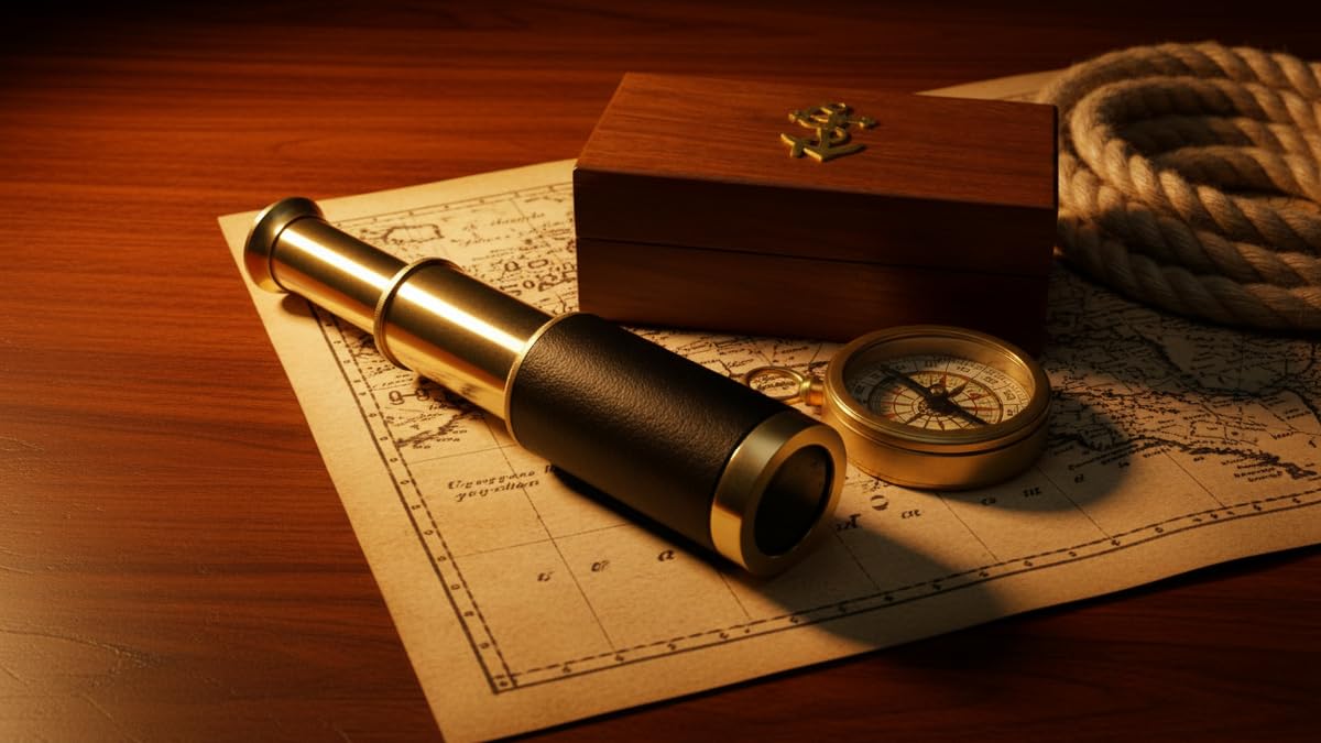 Thor Instruments vintage pirate spyglass retracted beside its anchor wooden box