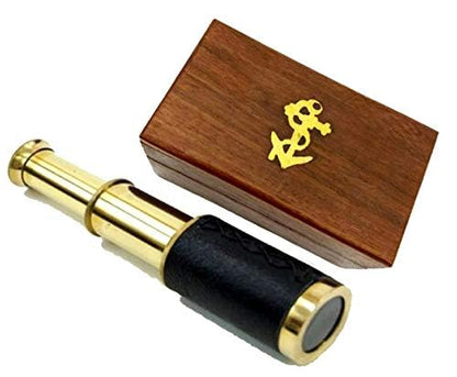 Thor Instruments nautical brass telescope showing the black leather grip details