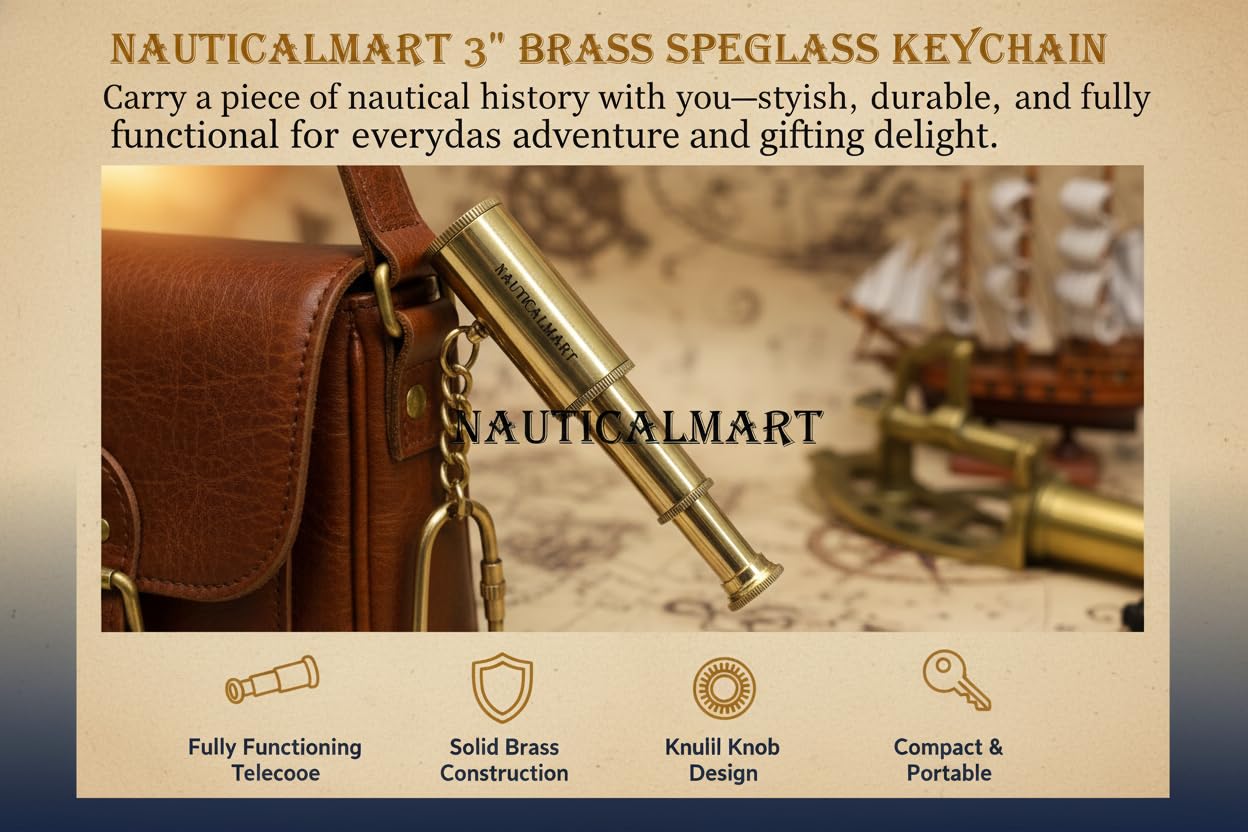 NauticalMart brass miniature telescope keychain styled as a vintage accessory alongside steampunk costume gear.