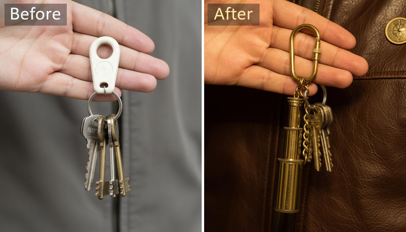 Three inch brass telescope keychain attached securely to a set of motorcycle keys using the screw carabiner loop.