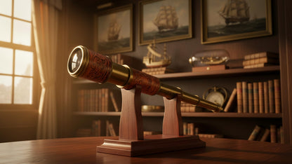 Thor Instruments vintage brass spyglass fully extended to fourteen inches showcasing the hand-stitched leather wrap