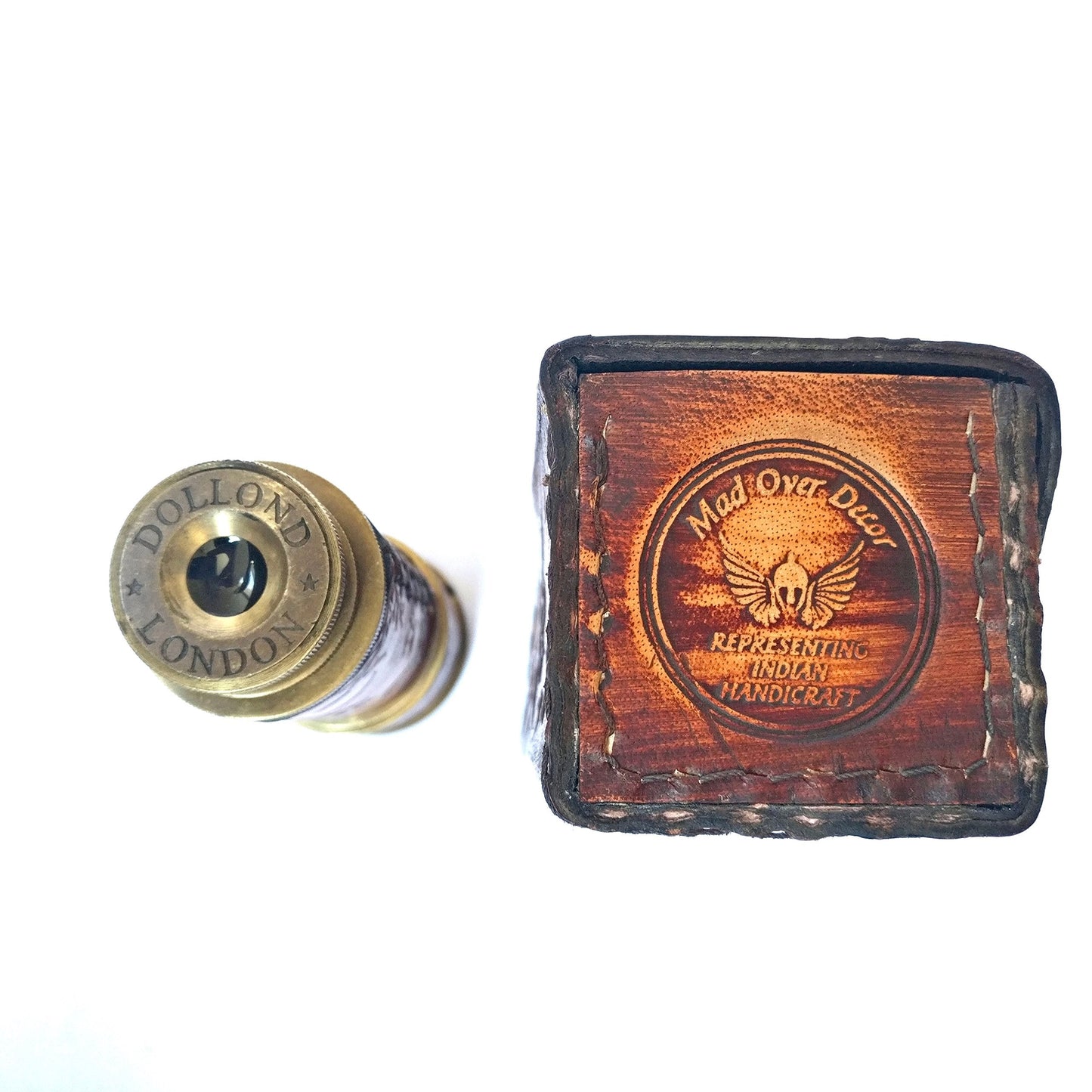 Thor Instruments collapsible brass telescope partially closed next to its anchor decorated protective wooden storage box