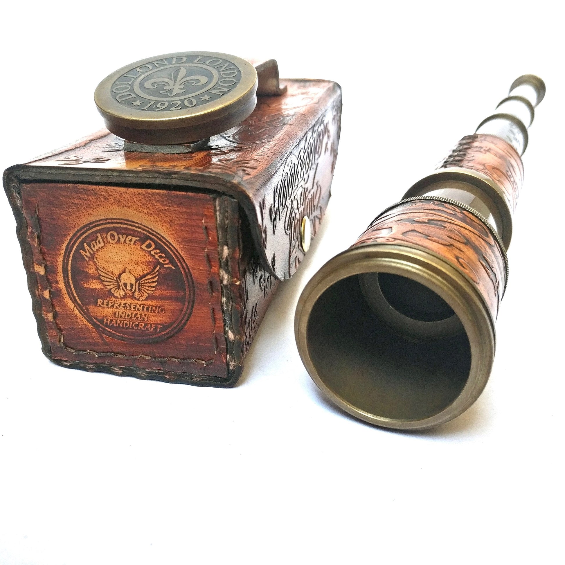 Premium antique style nautical telescope placed on a library shelf as a rustic home decor centerpiece