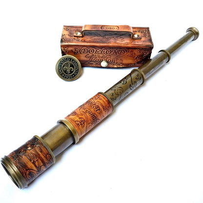 Thor Instruments handheld pirate telescope completely collapsed inside its matching decorative gift box container