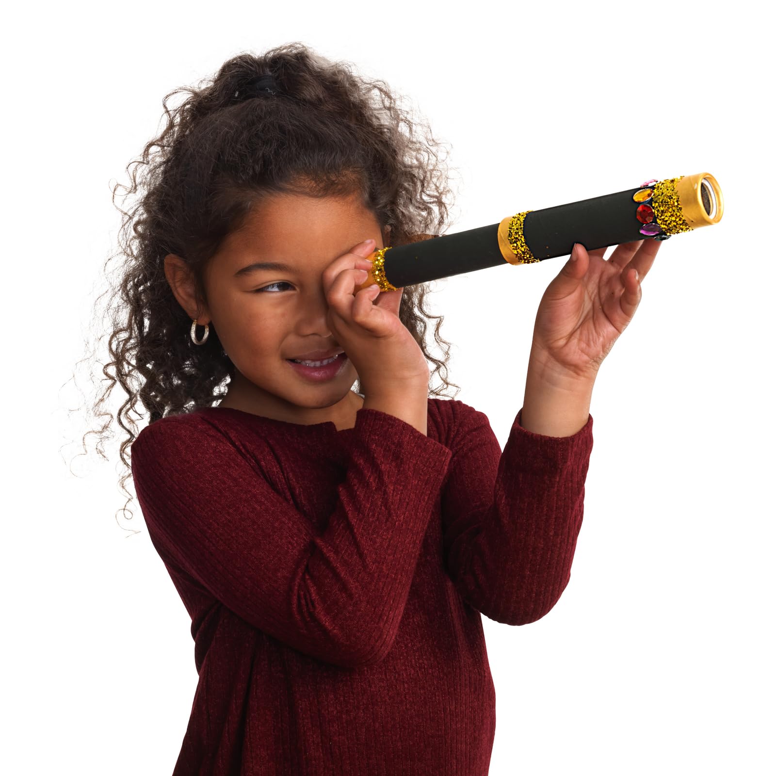 Close up view of the secure plastic lens on the end of the Colorations children craft telescope.