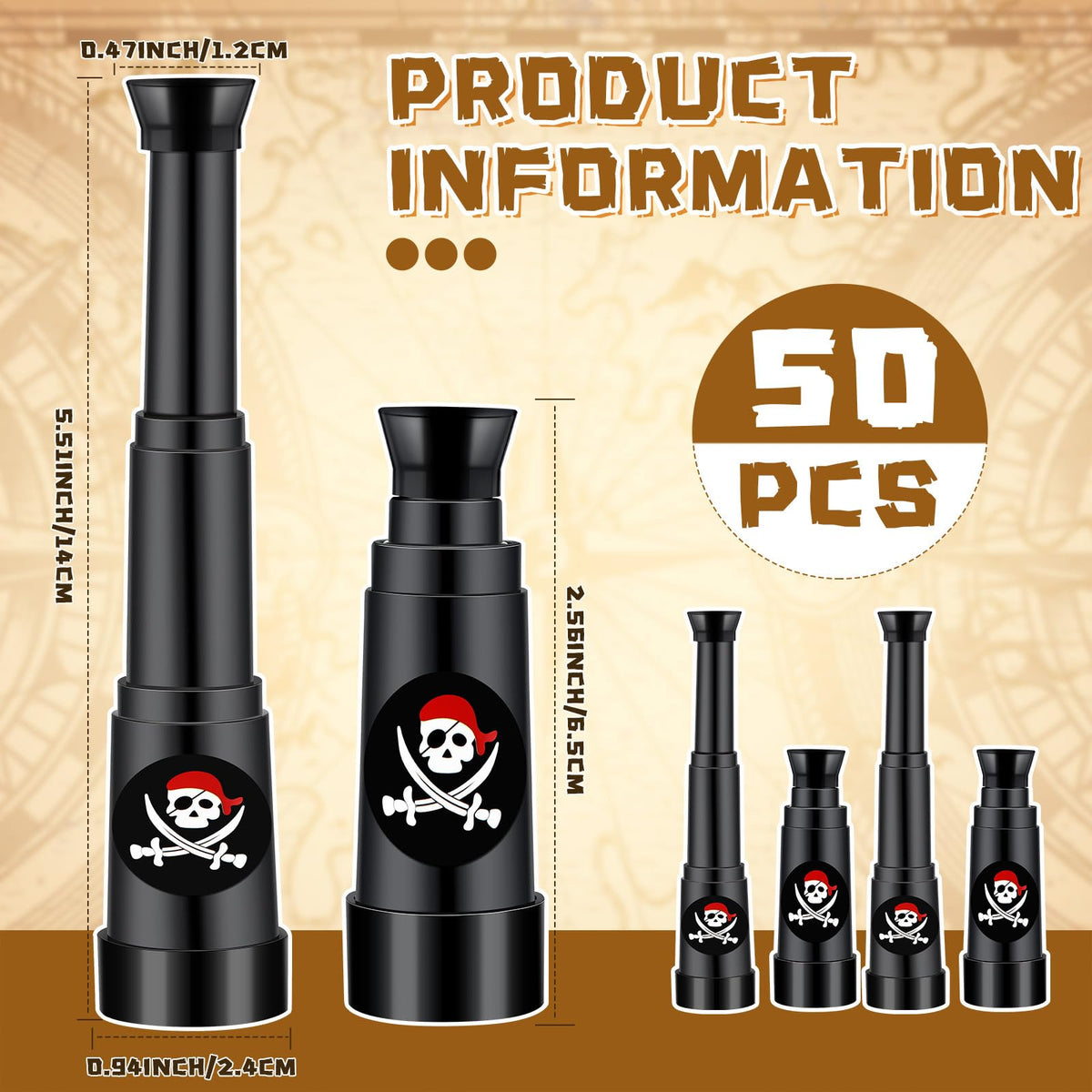 Close up view of the skull and red hood sticker detail on the side of the mini toy monocular