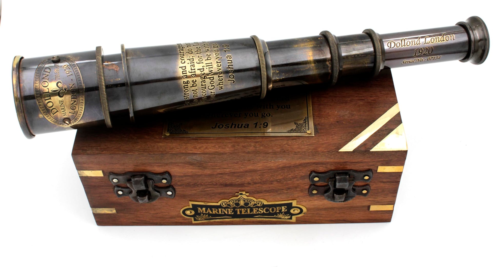 US HANDICRAFTS antique spyglass resting next to open handcrafted wooden storage box