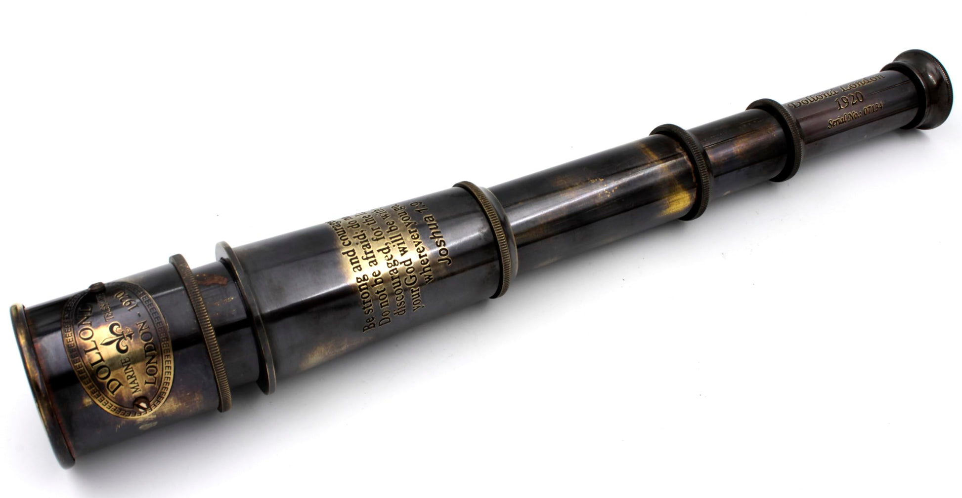 Close up view of the Joshua scripture engraving on the solid brass telescope barrel