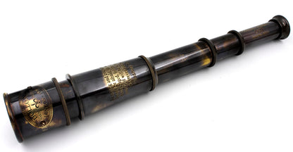 Close up view of the Joshua scripture engraving on the solid brass telescope barrel