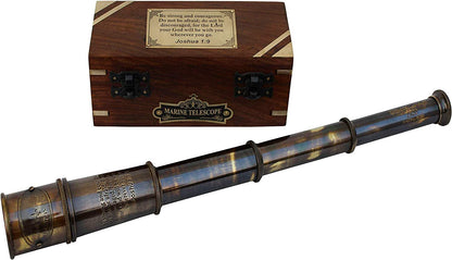 Premium wooden display case with brass inlay showcasing the maritime collector spyglass