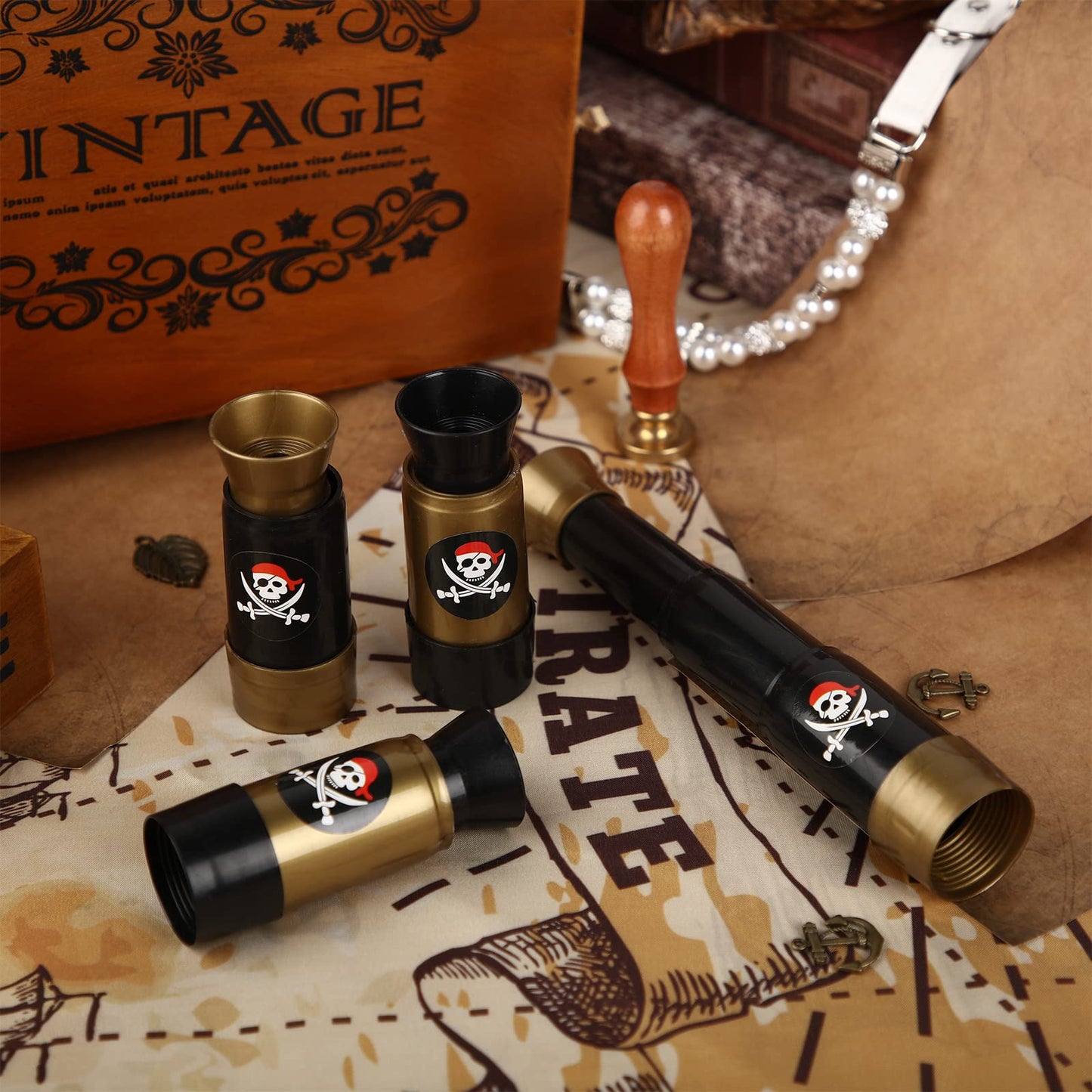 Deekin pirate theme event decorations bundle displaying multiple plastic spyglasses