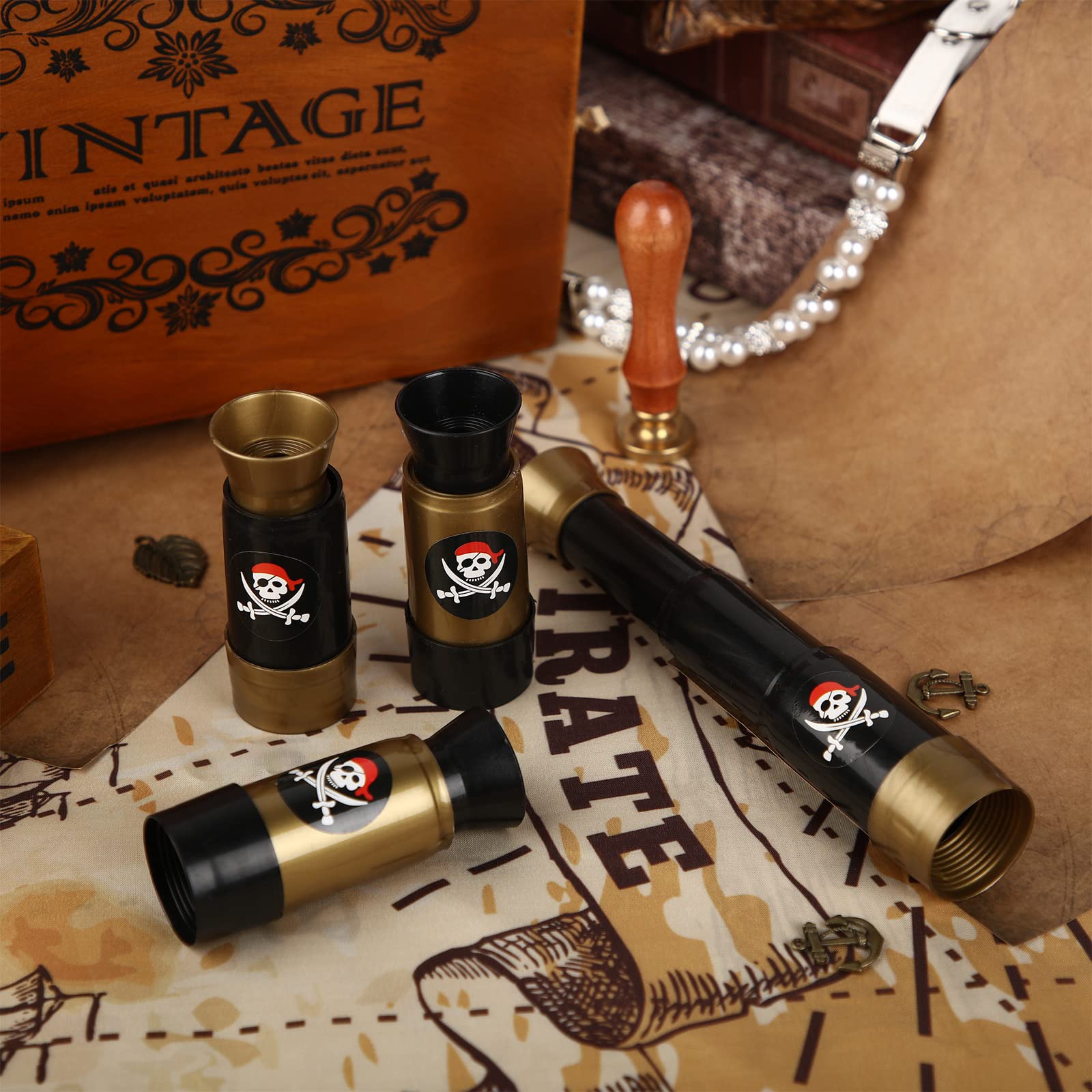 Deekin pirate theme event decorations bundle displaying multiple plastic spyglasses