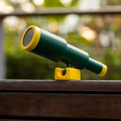 Side profile of the PLAYBERG green and yellow kids playground equipment telescope highlighting durable construction