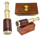 Thor Instruments vintage six inch spyglass monocular placed next to its open rustic anchor wooden storage box