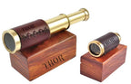 Handcrafted pirate nautical telescope extended fully showcasing the segmented brass optical tube design