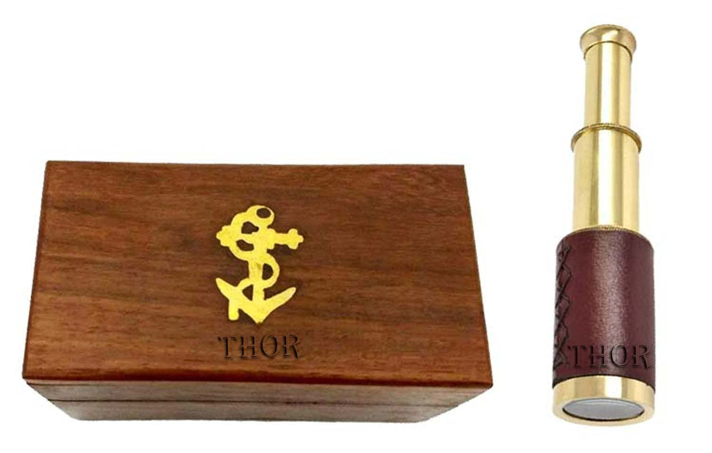 Thor Instruments six inch brass telescope securely packed inside the closed anchor embossed wooden chest
