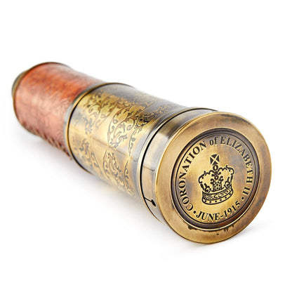 Super7One Commemorative Elizabeth II Telescope showcasing the intricate historical engravings.