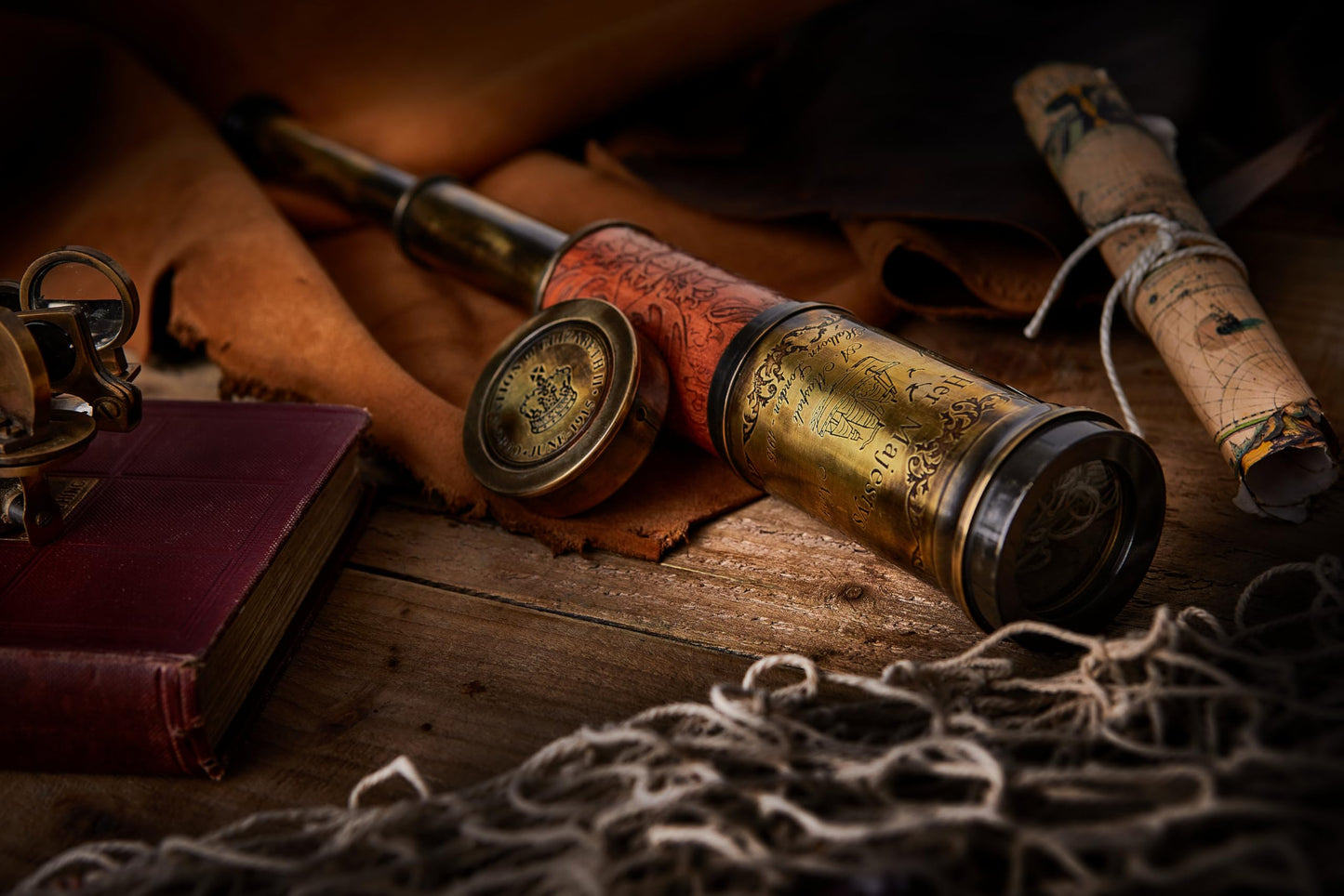 Super7One Half Leather Carving Telescope styled inside a nautical themed living room.