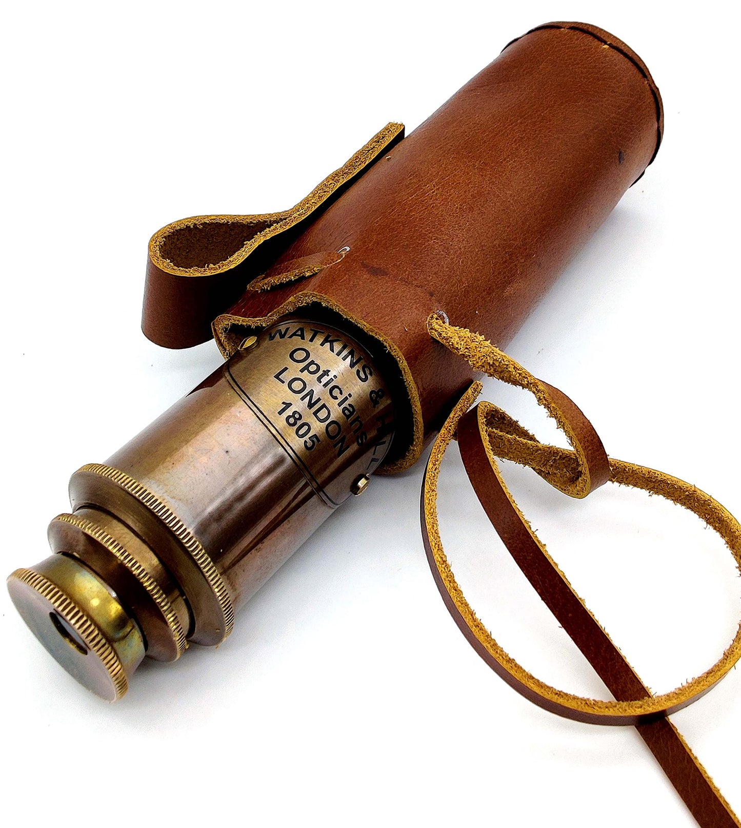 Vintage pirate style marine telescope fully extended showing glass lens