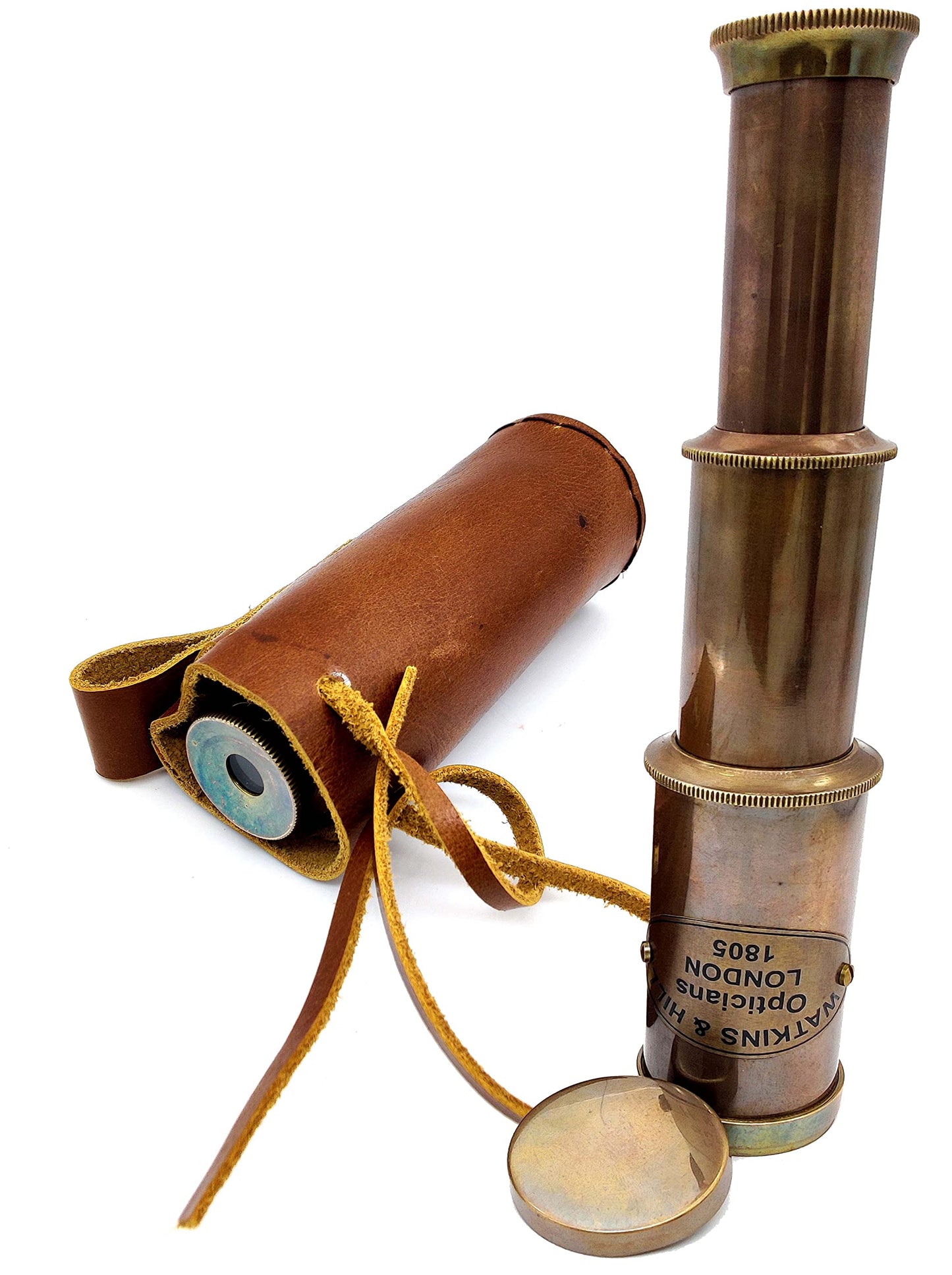 Antique look J Scott replica spyglass collapsed next to leather case