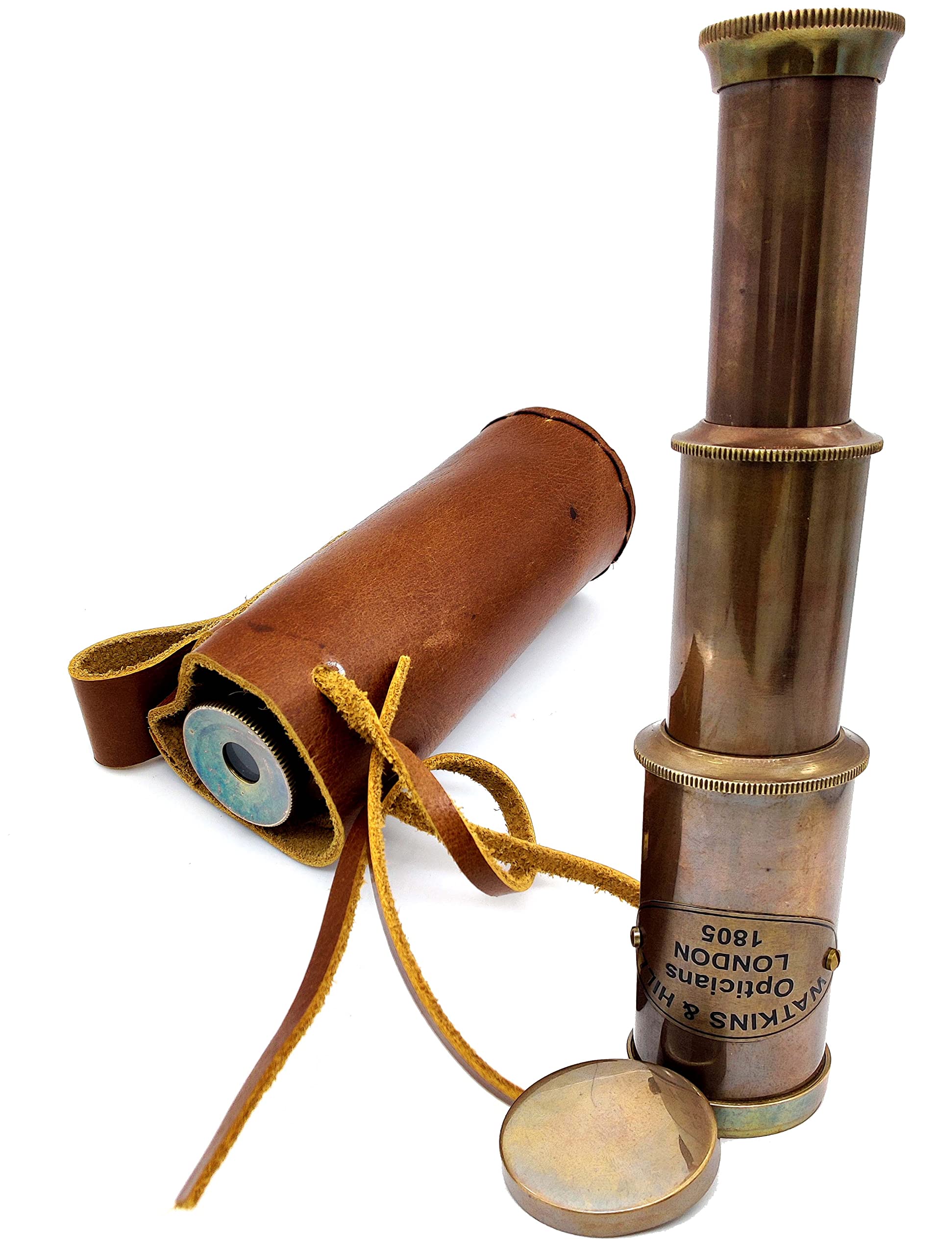 Antique look J Scott replica spyglass collapsed next to leather case