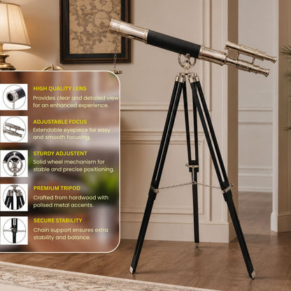 Detailed view of the antique brass finish and precision coated optics on telescope.