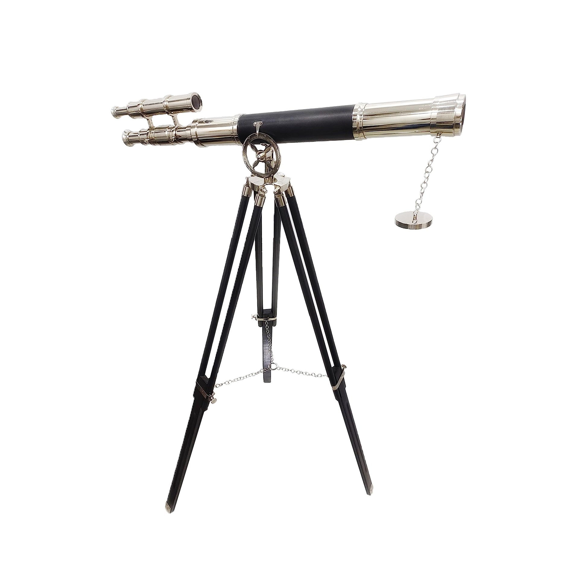 Navirock maritime telescope wrapped in black leather resting on wooden stand.