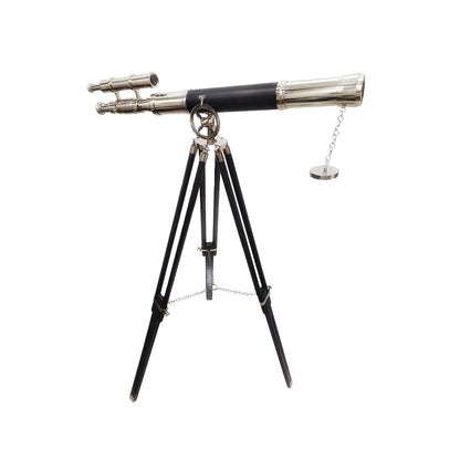 Navirock maritime telescope wrapped in black leather resting on wooden stand.