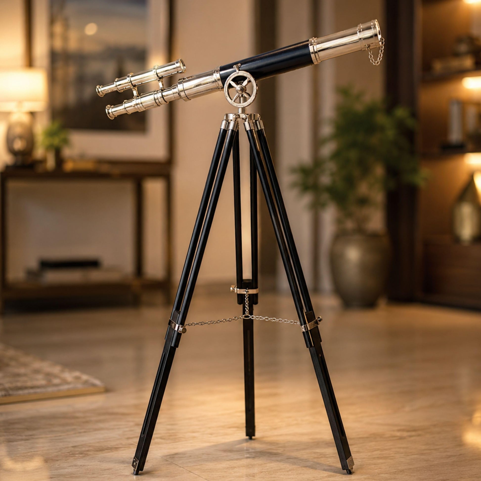 Floor standing wooden tripod with solid brass fittings and height adjustment screws.