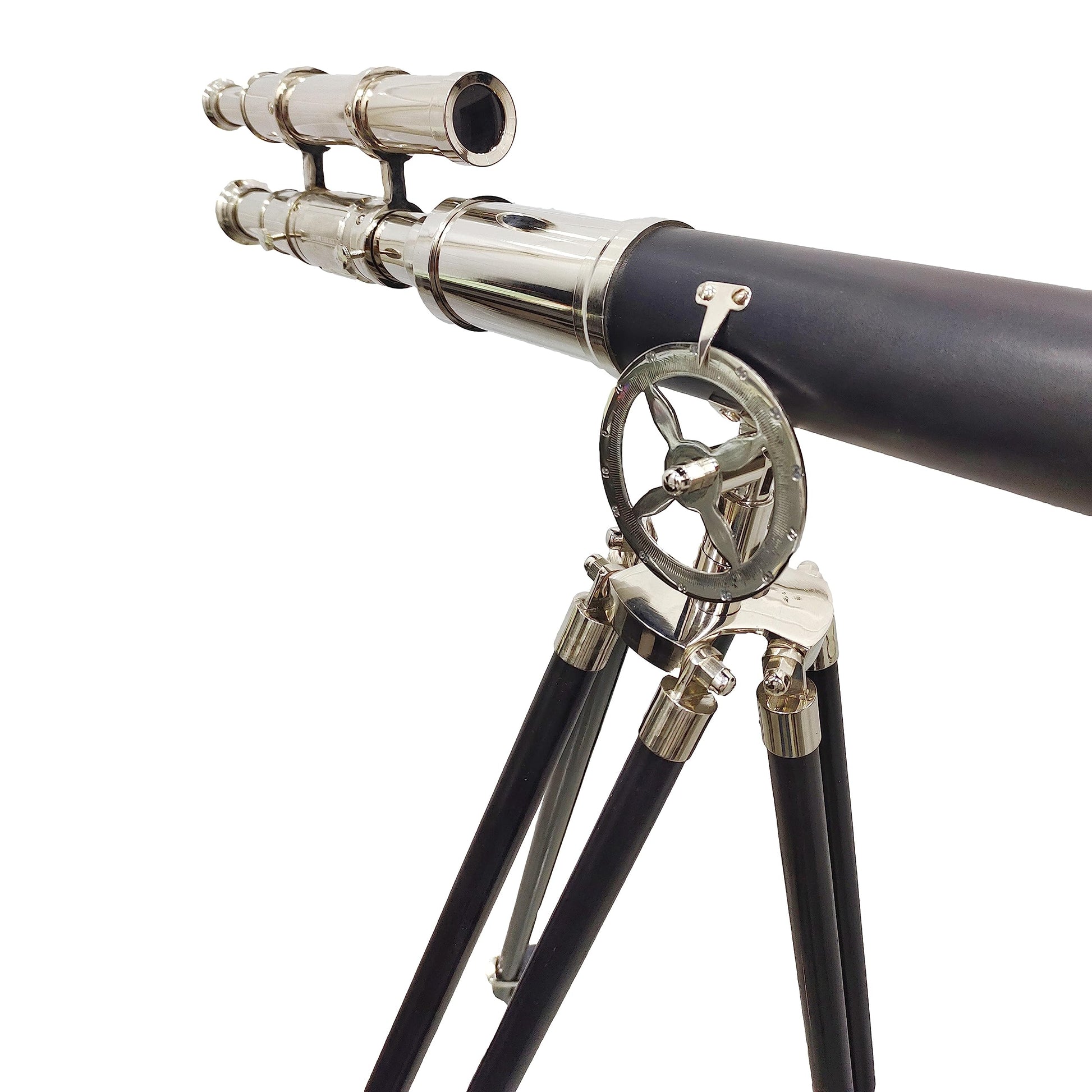 Brass chain connecting the wooden tripod legs for enhanced stability.