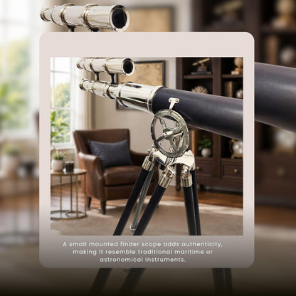 Close up of the magnification lens on the vintage nautical telescope.