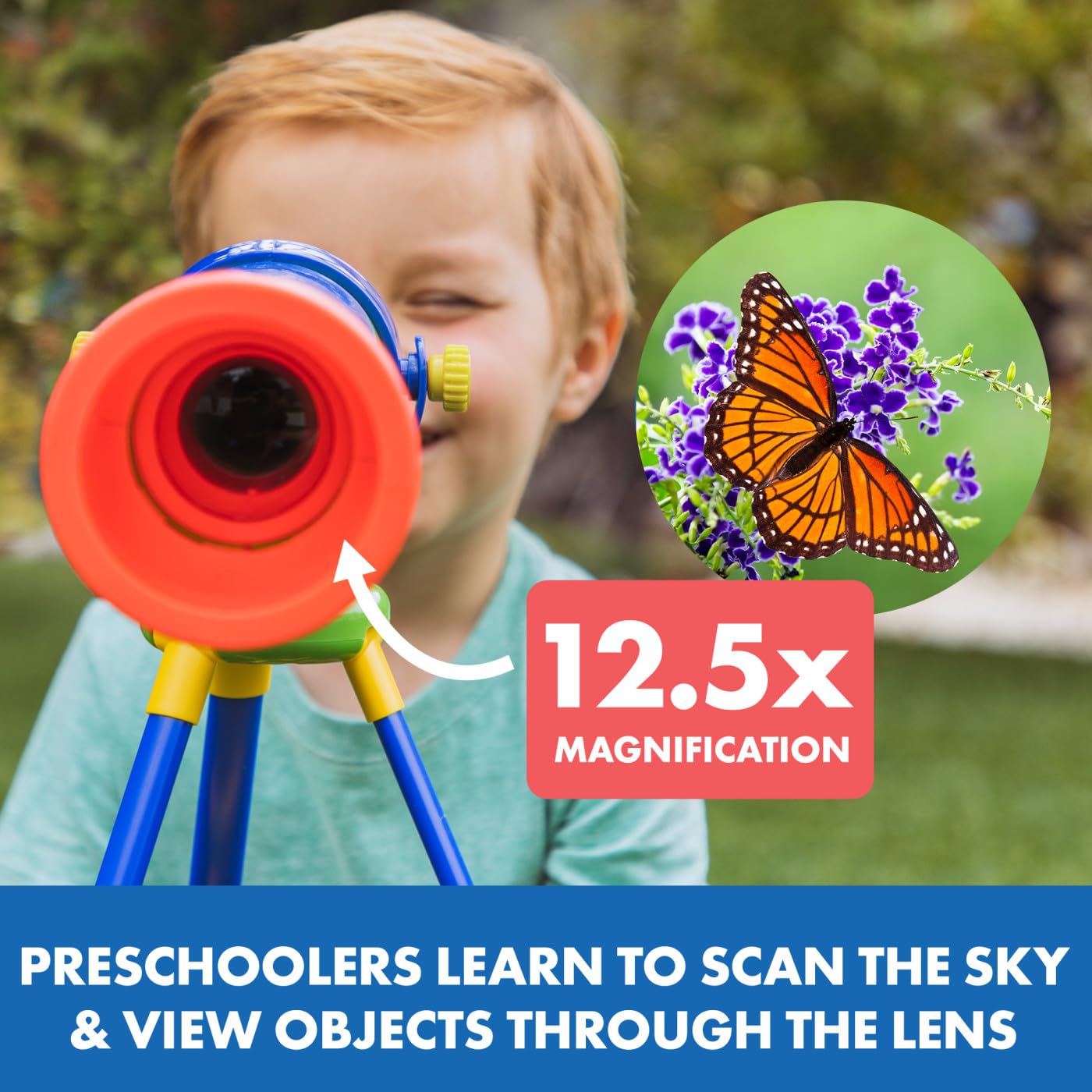 Side profile of the Educational Insights children's telescope showing the collapsible tabletop tripod assembly.