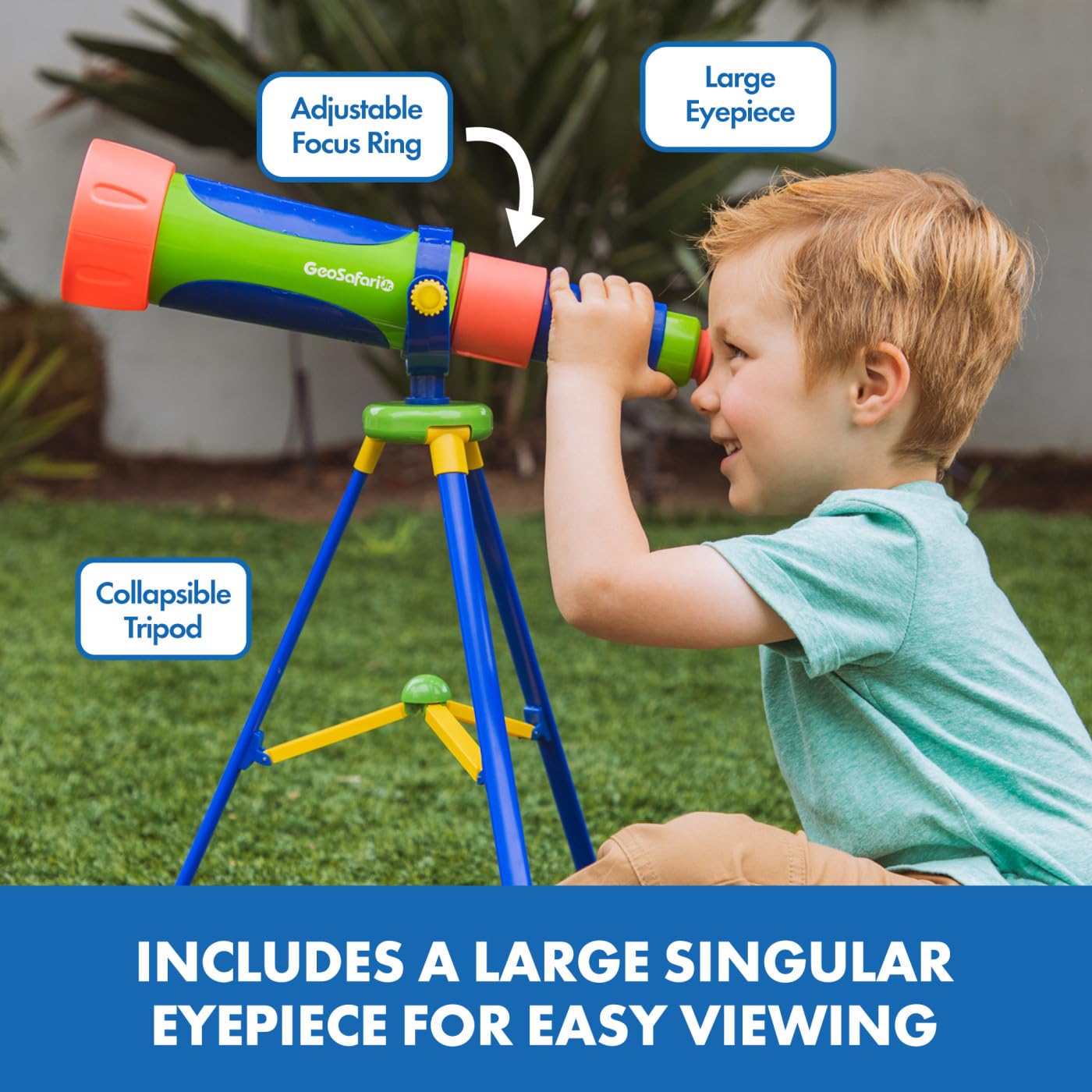 The dual eyepieces and nose cutout interface of the GeoSafari Jr. telescope designed for young kids.