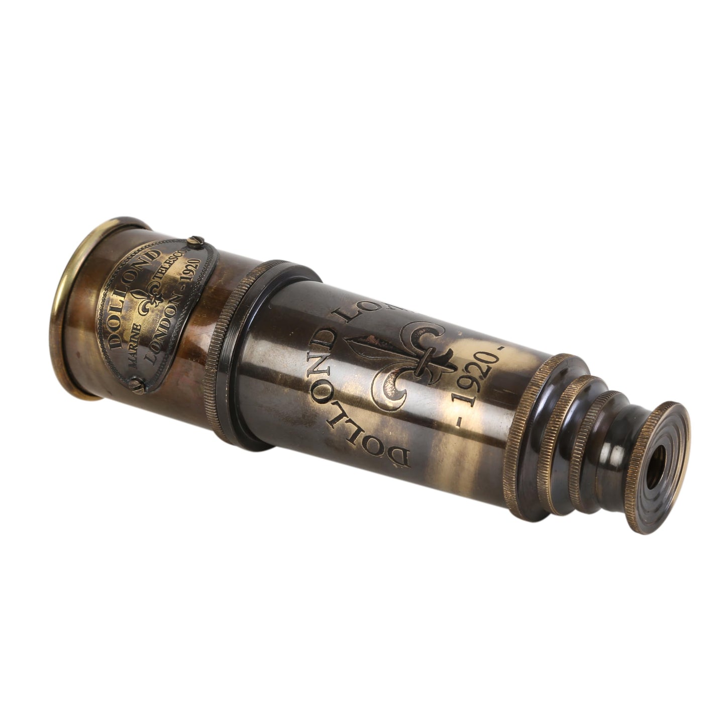 Antique brass nautical spyglass collapsed next to its wooden box