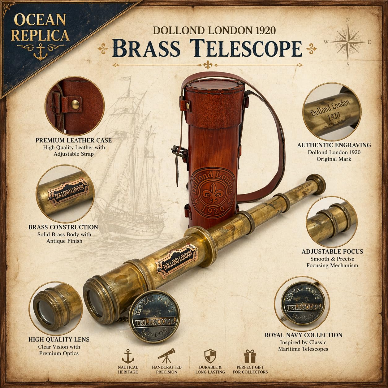 OCEAN REPLICAS 16 inch vintage nautical telescope partially collapsed next to its genuine leather box.