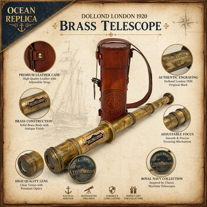 OCEAN REPLICAS 16 inch vintage nautical telescope partially collapsed next to its genuine leather box.