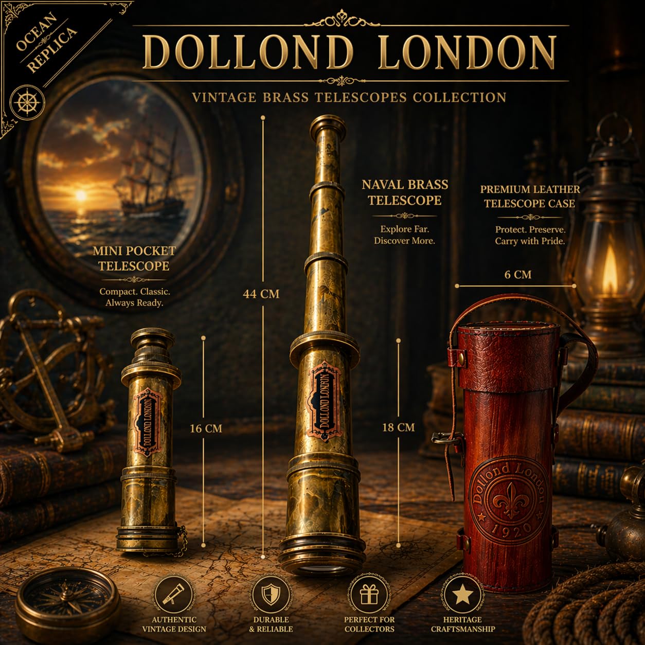 Close up view of the Dollond London engraving on the brass barrel of the pirate spyglass.